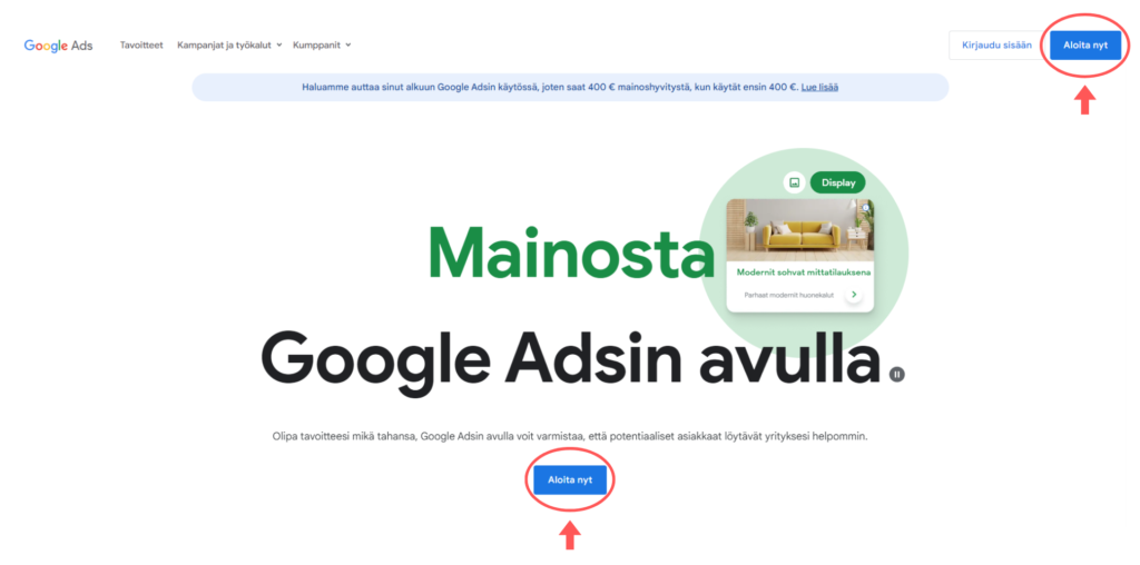 Google Ads -aloitussivu, jossa näkyy otsikko 'Mainosta Google Adsin avulla.' ja kaksi 'Aloita nyt' -painiketta korostettuina punaisilla ympyröillä.