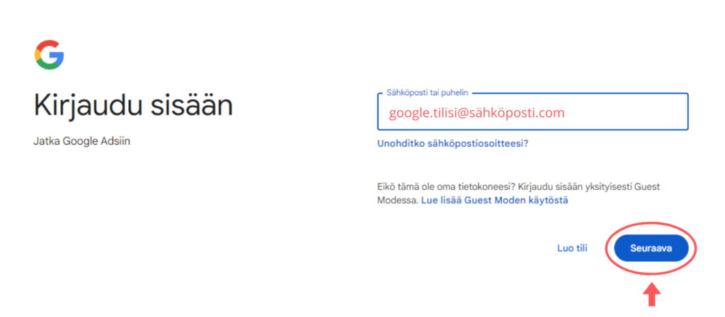 Google-kirjautumissivu Google Adsiin. Otsikkona 'Kirjaudu sisään', alla teksti 'Jatka Google Adsiin'.