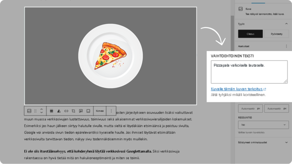 Ohje WordPressin sisällönhallintajärjestelmän alt-tekstikentästä.