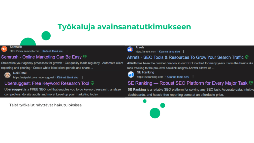 Esimerkkikuva työkaluista avainsanatutkimuksien tekoon