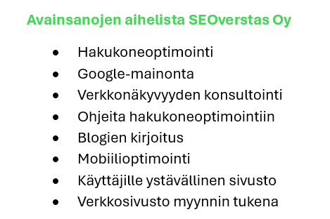 SEOverstas Oy:n avainsanatutkimuksen potentiaaliset aiheet