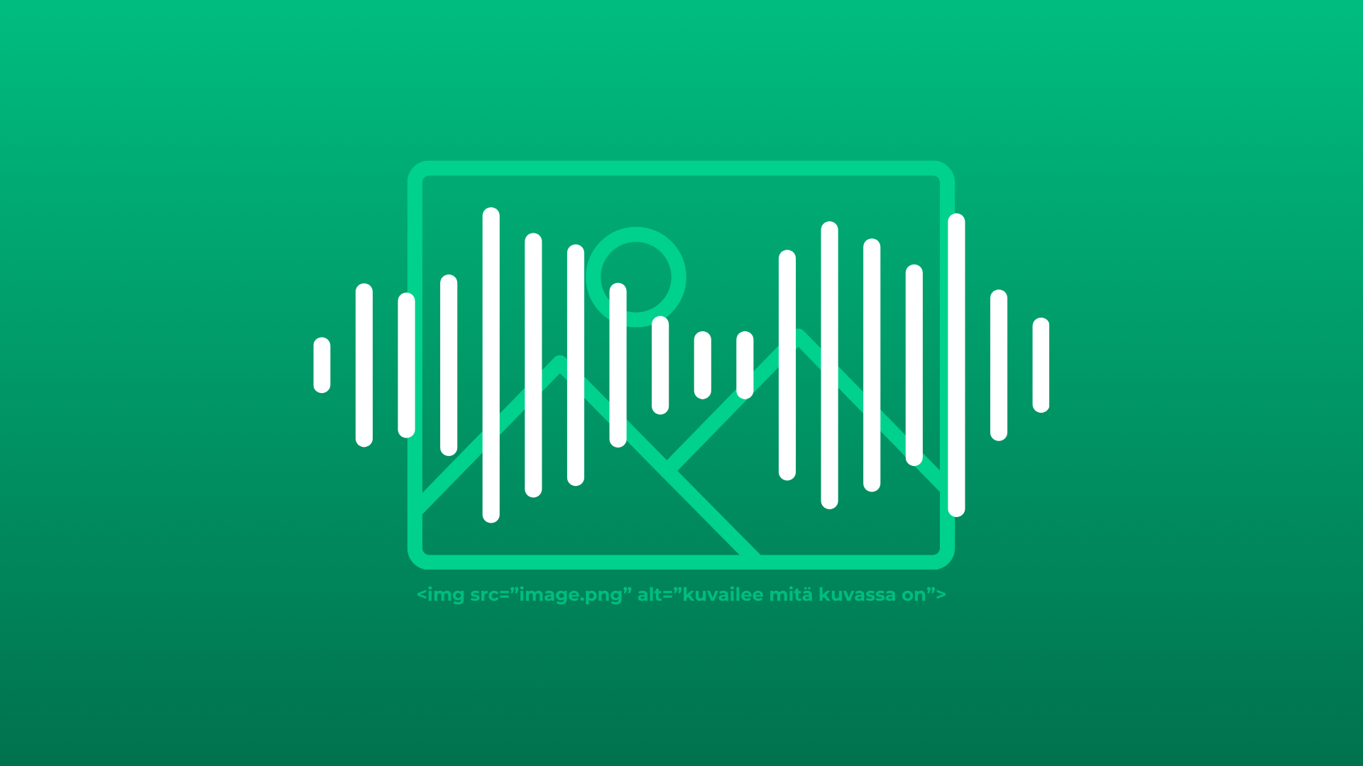 Valkoisia äniraitoja kuvaikonin päällä. Ikonin alla tekstileike alt-tekstistä koodimuodossa.