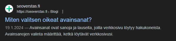 Miten valitsen oikeat avainsanat? -artikkelin SEO-otsikko ja -kuvaus Googlen hakutuloksissa.