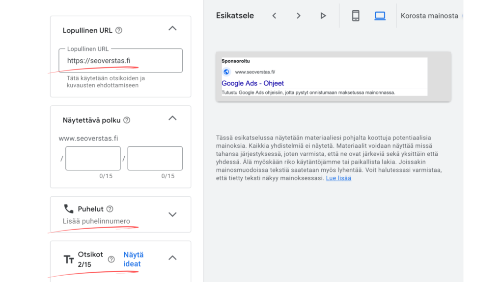 Google Ads mainosasetusten ja esikatselun näkymä.