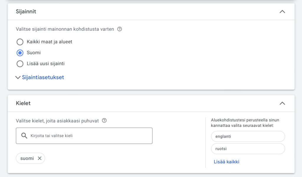 Google Ads -sijainti ja kieliasetukset.