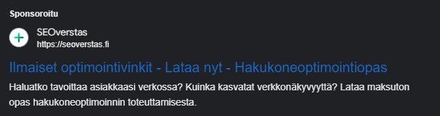 Googlen hakumainos esimerkki, jossa lukee "ilmaiset optimointivinkit - lataa nyt - hakukoneoptimointiopas.