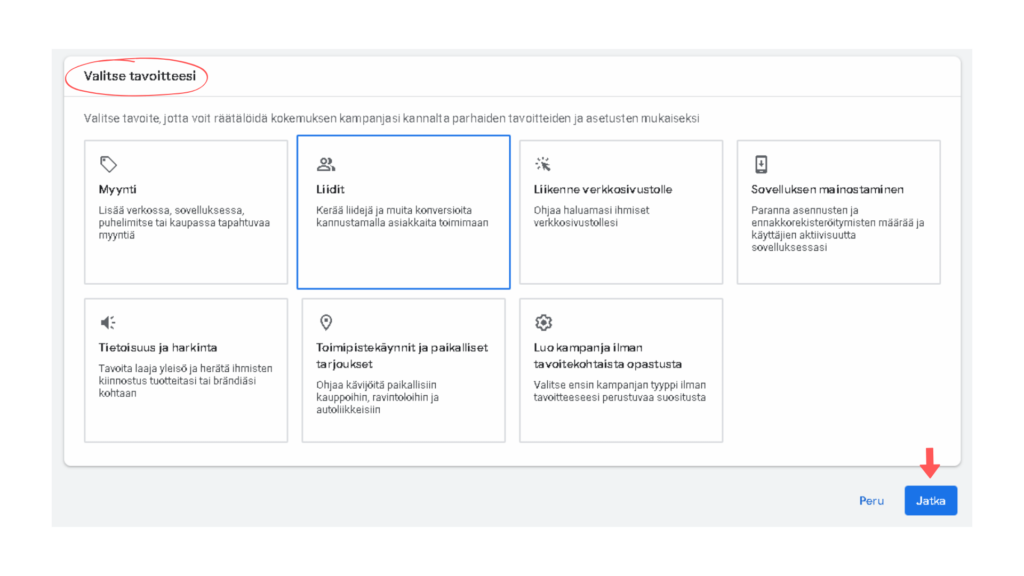 Google Ads -kampanjan tavoitteen valintanäkymä, jossa erilaisia vaihtoehtoja kuten myynti, liidit ja liikenne verkkosivustolle.