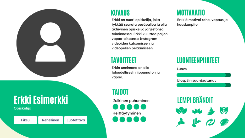 Kuvitteellisilla tiedoilla täytetty asiakasprofiilin esimerkkipohja