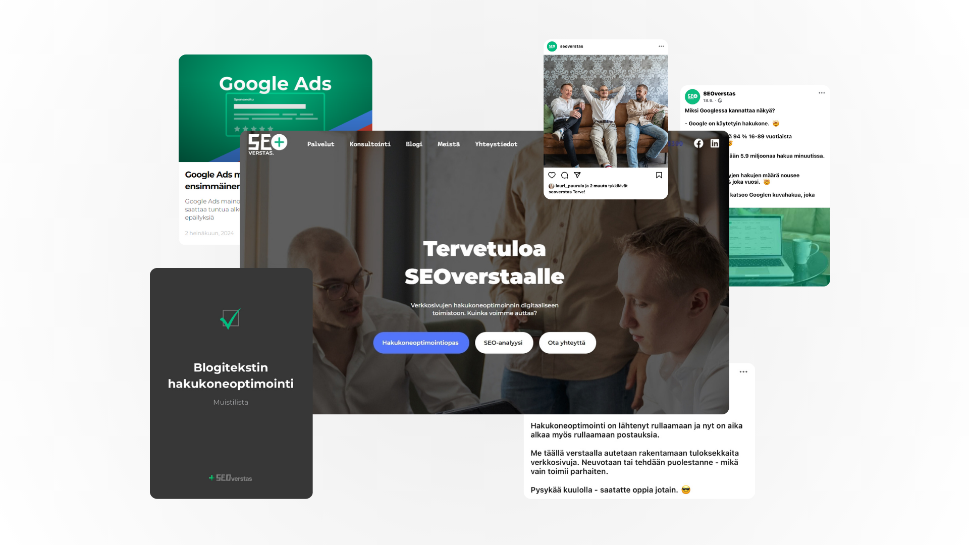 Digitaalisen viestinnän kanavia. Kuvakaappauksia eri alustoilta.