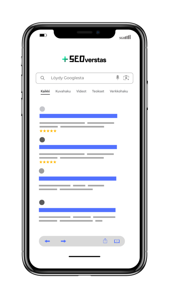 Hakukoneoptimoidut hakutulokset puhelimen näytöllä