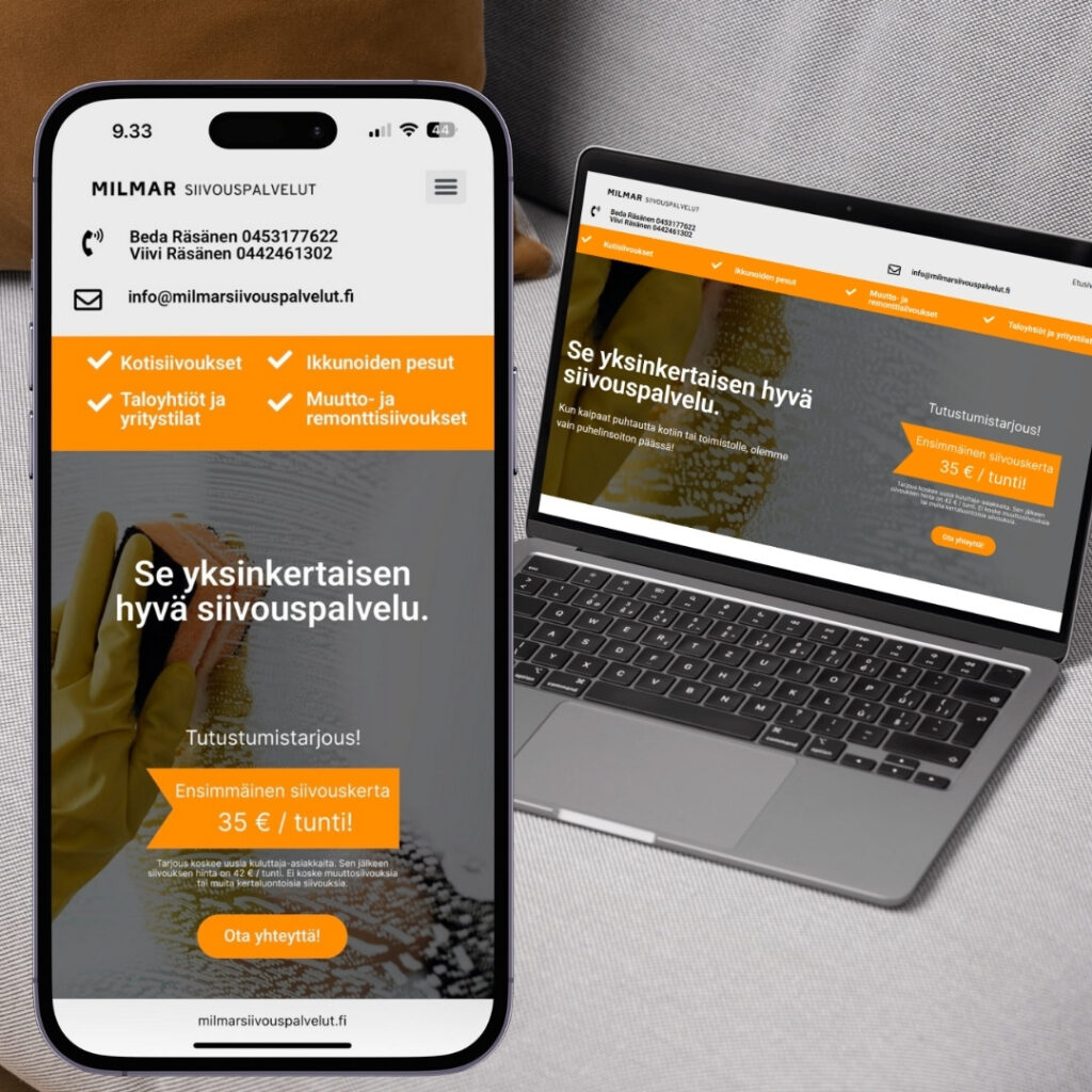 Milmar siivouspalveluiden verkkosivut mobiili ja tietokone ruuduissa