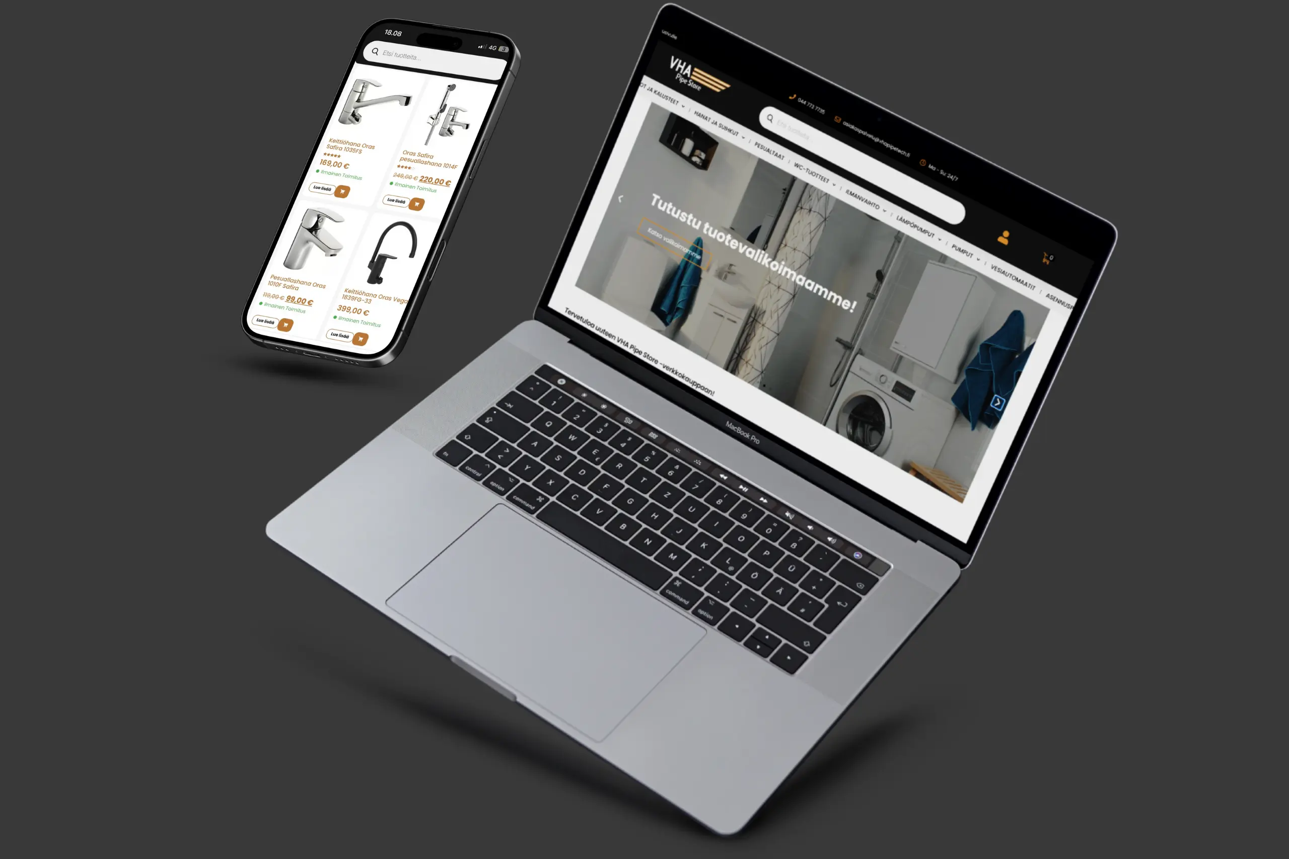 VHA Pipe Store auki läppärin ja puhelimen näytöillä